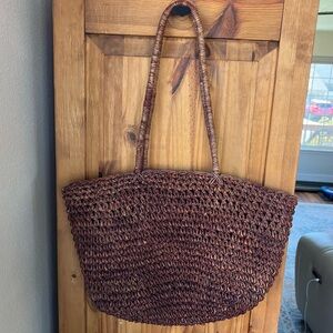 Cornhusk Straw Woven Tote Bag Boho Beach Market Purse + Pouch Brown